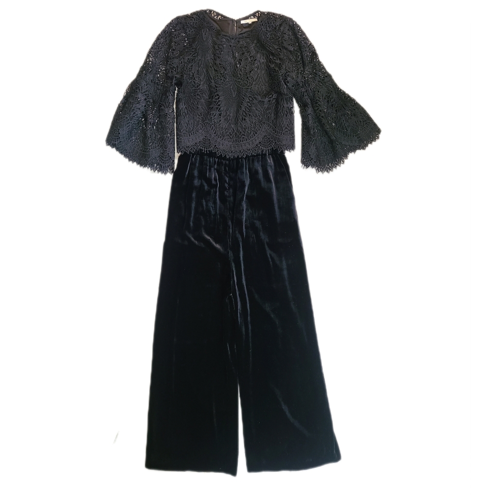 Kobi Halperin Velvet & Silk Jumpsuit Attached Lace Capelet Blouse Cropped M